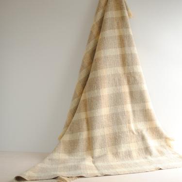 Vintage Pendleton Blanket in Cream and Tan Plaid, Wool Plaid Throw Blanket 