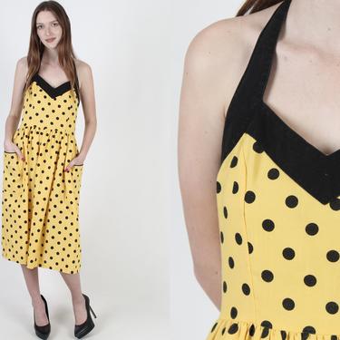 Yellow Polka Dot Pockets Dress / Black Spotted Halter Top Dress / Vintage 80s Deep V Sweetheart Full Skirt Mini Midi Dress 