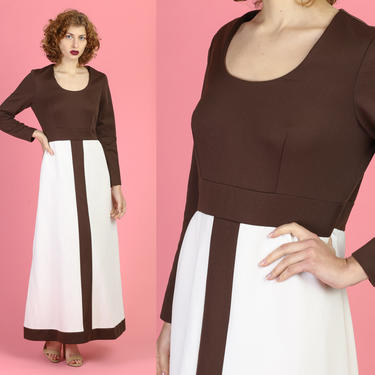 70s Joseph Magnin Space Age Maxi Dress - Large | Vintage Brown & White Long Sleeve Boho Disco Gown 