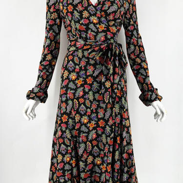 70s DIANE Von FURSTENBERG black floral print iconic wrap dress vintage 1970s 16 