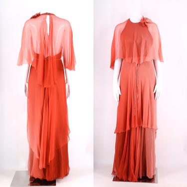 70s England dusty rose ombre silk gown / vintage 1970s Julia Fortescue maxi dress w/ attached cape UK 6 US 0 XS 