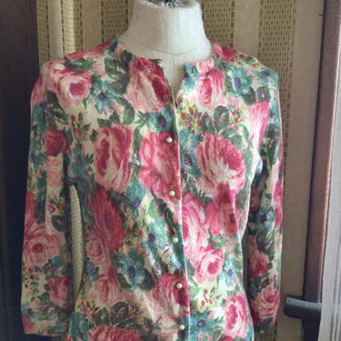 Vintage 1950s Floral Knit Angora Sweater Cardigan - Size 36 M 