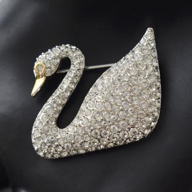 Iconic 1995 Swarovski centenary swan bling brooch, rhodium plated metal clear rhinestone abstract bird statement pin 