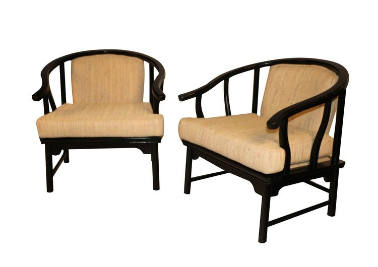 Chinese Style Black Lacquer Horseshoe Arm Chairs Pair Century Furniture 