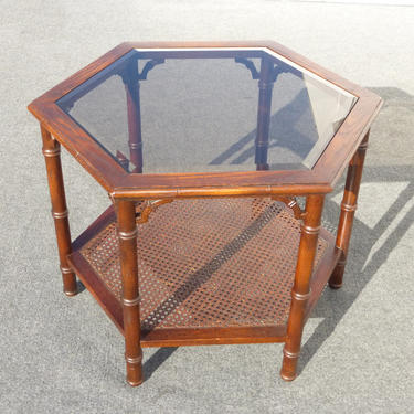 Vintage Mid-Century Modern Six Sided Two Tier Smokey Glass &amp; Cane Coffee Table 