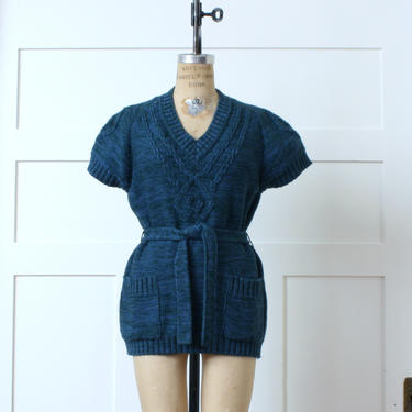 vintage 1970s space dye knit tunic • teal blue wool blend cable knit boho sweater with belt 