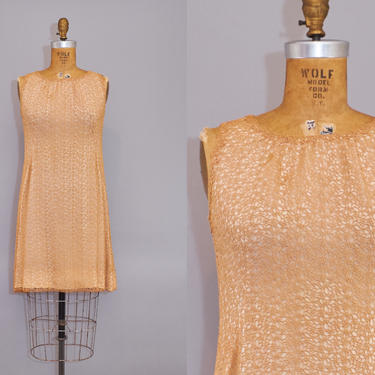 60s Mini Dress Lace Illusion Beige Sleeveless Dress 