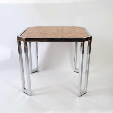 Milo Baughman Chrome and Woven Bamboo Top side table 1970 Mid Century Modern 
