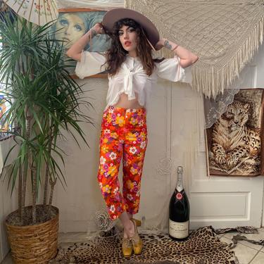 60s/70s FLORAL PANTS - high-waisted - cotton - x-small 