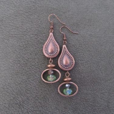 Hammered copper earrings, gypsy earrings, boho bohemian earrings, hippie statement earrings, unique southwest earrings, green crystal 