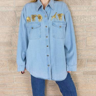 80's Retro Denim Button Front Shirt with Gold Animal Patches 