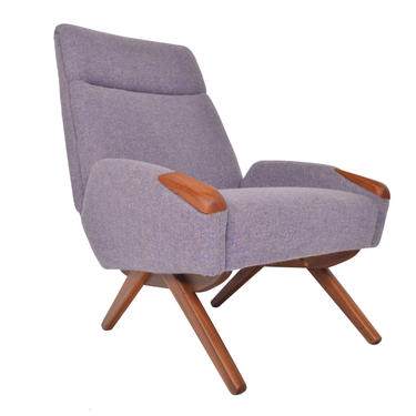 Danish Mid Century Modern Teak Pawed Highback Lounge Chair in Lavender Wool 