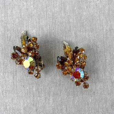 Honey amber rhinestone clip earrings - 1960s vintage 