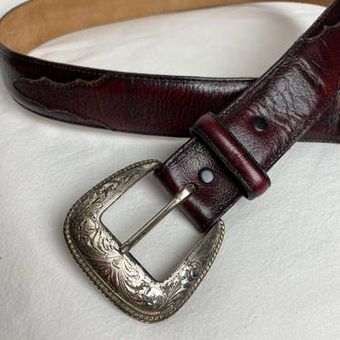 Burgundy Tony Lama leather belt with ornate silver buckle southwestern / western style men’s belt~ size 36 LG 