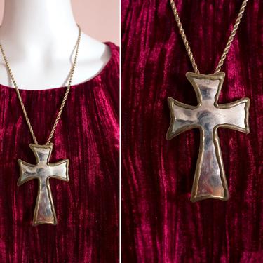 Huge Vintage 70s Silver & Gold Brutalist Cross Pendant Necklace 