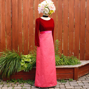 s.a.l.e. Vintage 1960s Mod Velvet Maxi Dress -  Red &amp; Hot Pink Long Sleeve Holiday  Party Dress - XS 