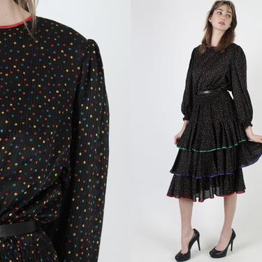 Vintage 80s Confetti Polka Dot Dress / Sheer Black Smocked Waist / Colorful Ruffle Tiered Midi Mini Dress 