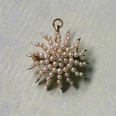 Antique 14K Gold and Pearl Sunburst Pin/Pendant, Antique Gold and Diamond Pendant, Antique Pearl Sun Brooch, Old Pearl Pin (#3363) 