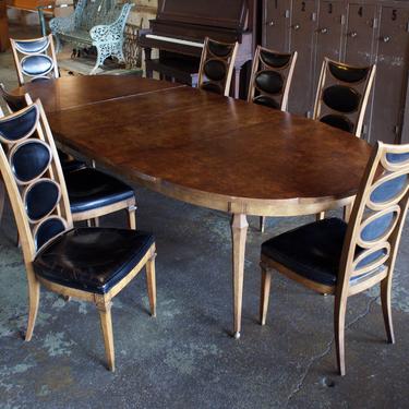 Burl Top MCM Dining Table w 3 20″ Leaves and 8 Chairs