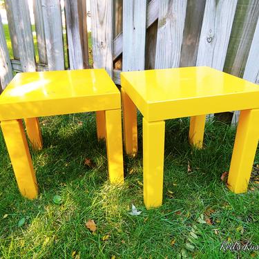 Vintage Pair of Square Yellow Plastic Parson End Tables Cube 