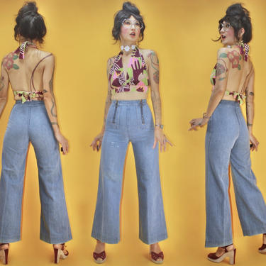 Vintage 1970s 70s Moody’s Goose Double Hoop Zip Fly 13&amp;quot; High Rise Bell Bottom Denim Jeans Waist 24&amp;quot; Orange Stitch Rare Boho Hippie Disco 