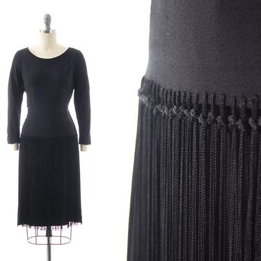 Vintage 1940s Dress | 40s Fringe Tassels Black Rayon Long Sleeve Sheath Wiggle Evening Party Dress (small) 