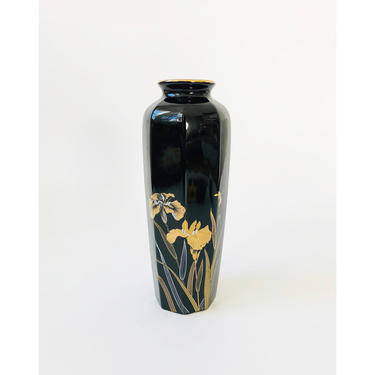 Tall Vintage Black and Gold Iris Vase 