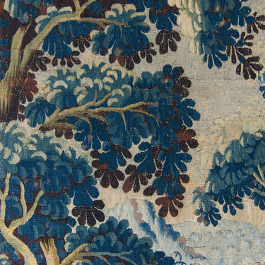 Vintage Flemish 2’3” x 4’2” Belgium Tapestry Trees Beige Blue 1800's 
