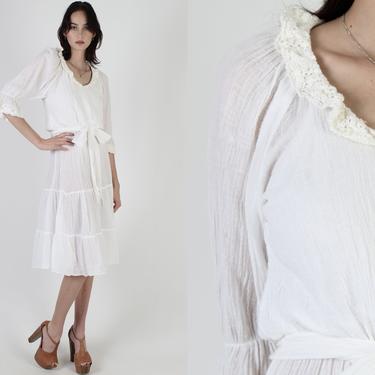 Off White Crochet Dress / Ivory Gauze Midi Dress / Vintage 70s Sheer Floral Lace / Soft Crinkle Cotton Simple Tiered Mini Dress 