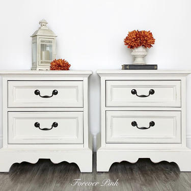 White Two Drawer Nightstands - Painted Wood End Tables 