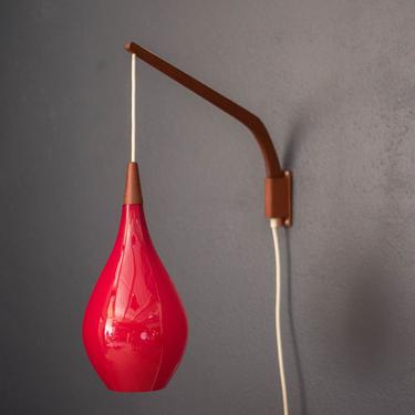 Danish Teak Swing Arm Red Glass Pendant Lamp by Holmegaard 