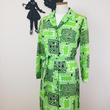 Vintage 1970's Psychedelic Dress / 70s Button Up Day Dress M/L 
