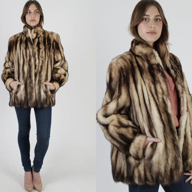 Real Fitch Fur Coat / Striped Natural Mink Fur Jacket / 70s Puff Sleeve Stroller Jacket 