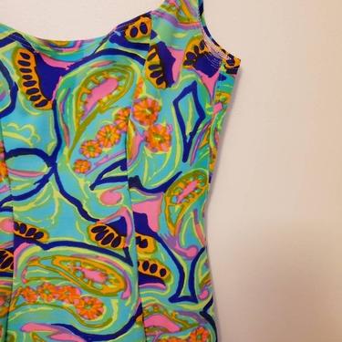 1960s 1970s Swimsuit Psychedelic Print Neon Colors Maillot /Open Back One Piece Bathing Suit Turquoise Pink Electric Paisley Paige L AS IS 