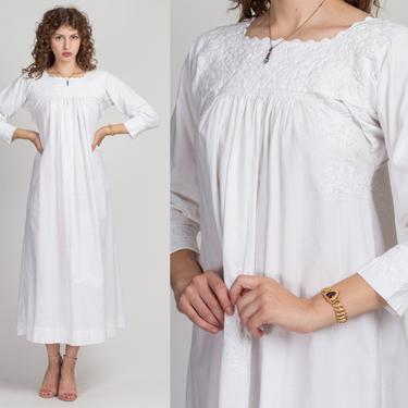 70s Oaxacan White Embroidered Mexican Dress - Medium | Vintage Floral Maxi Long Sleeve Wedding Dress 