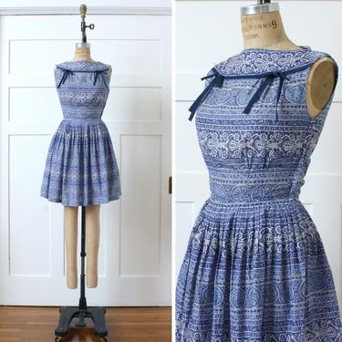 vintage 1950s cotton dress • sleeveless blue & white nipped waist sundress with bows 