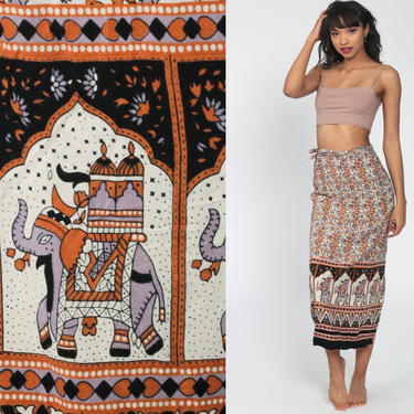 Indian WRAP Skirt Batik ELEPHANT Print 90s Midi Grunge Boho 1990s Vintage Hippie Festival High Waisted Bohemian Small Medium Large 