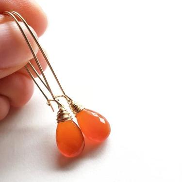 Bright Orange Carnelian and Gold Kidney Earrings