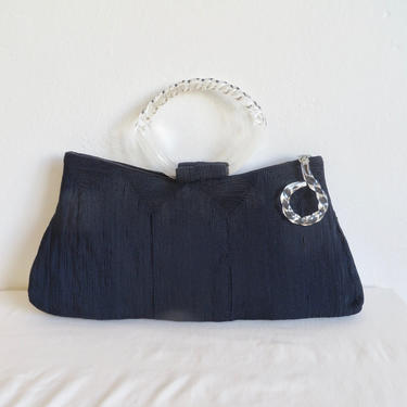 Vintage 1940's Navy Blue Corde Purse Clutch Clear Lucite Top Handle and Pull Tab Luxor WW2 Era Bag 40's Handbag Large Size 