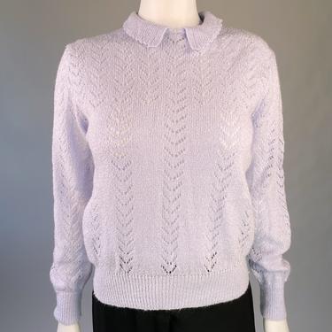 Periwinkle Mid-Century Openwork Knit Puff-Sleeve Sweater w/ Cute Collar