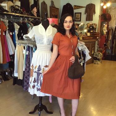 Vintage 1950s Pumpkin Spice Sheer Seersucker Dress - Small 