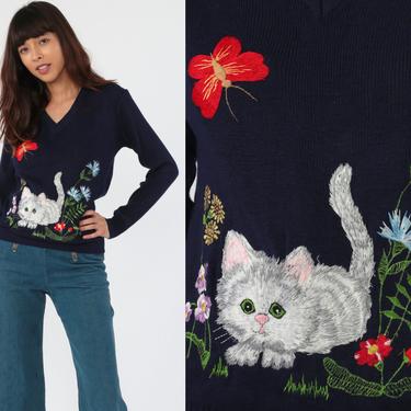 Embroidered Cat Sweater 70s Animal Print Sweater Boho Kawaii Floral 80s Vintage Kitten Bohemian Navy Blue Retro Knit Pullover Medium 
