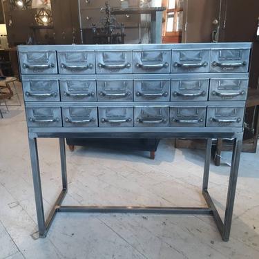 Vintage industrial stripped steel factory cabinet on a stand 