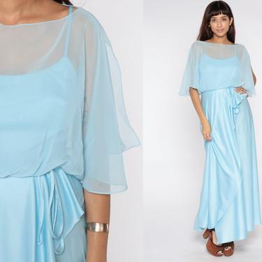Grecian Maxi Dress 70s Party Pastel Blue Chiffon FLUTTER SLEEVE 1970s Boho High Waist Sheer Capelet Drape Gown Formal Small 