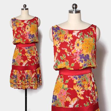 Vintage 80s VALENTINO Silk Dress / 1980s Bright Red Floral Print Sleeveless Ruffled Mini Dress by luckyvintageseattle
