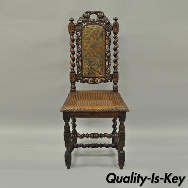 Renaissance Revival Black Forest Carved Oak Barley Twist Cane Dining Chair B