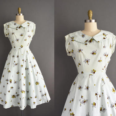 vintage 1950s | Mint Green cotton Floral Print Full Skirt Dress | Small | 50s dress 