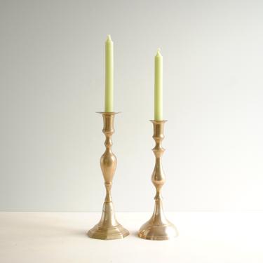 Vintage Large Brass Candle Holders, Mismatched Pair of Brass Candlesticks 