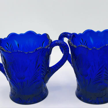 Vintage  Cobalt blue glass Sugar and Creamer- Mosser &quot;Thistle&quot; Pattern- Chip Free 