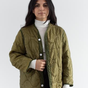 Vintage Green Liner Jacket | White Buttons | Unisex Wavy Quilted Nylon Coat | L | LI075 